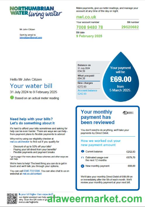 United Kingdom Northumbrian Water utility bill template in Word and PDF formats, version 2